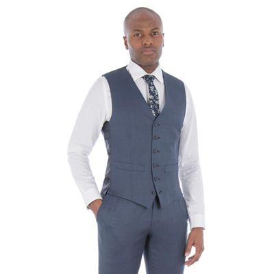 Slate blue textured wool blend 6 button tailored fit suit waistcoat